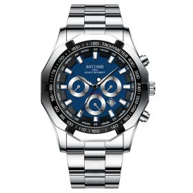 2023 Luxury Mens Sports Watches Fashion Men Business Stainless Steel Waterproof Quartz Wrist Watch Luminous Clock montre homme (Color: Silver Blue)