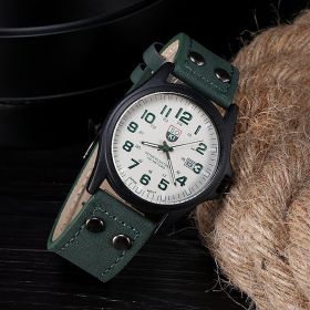 1pc Men's Circular Pointer Watch Leather Military Sports Date Quartz Watch Men's (Color: GREEN)